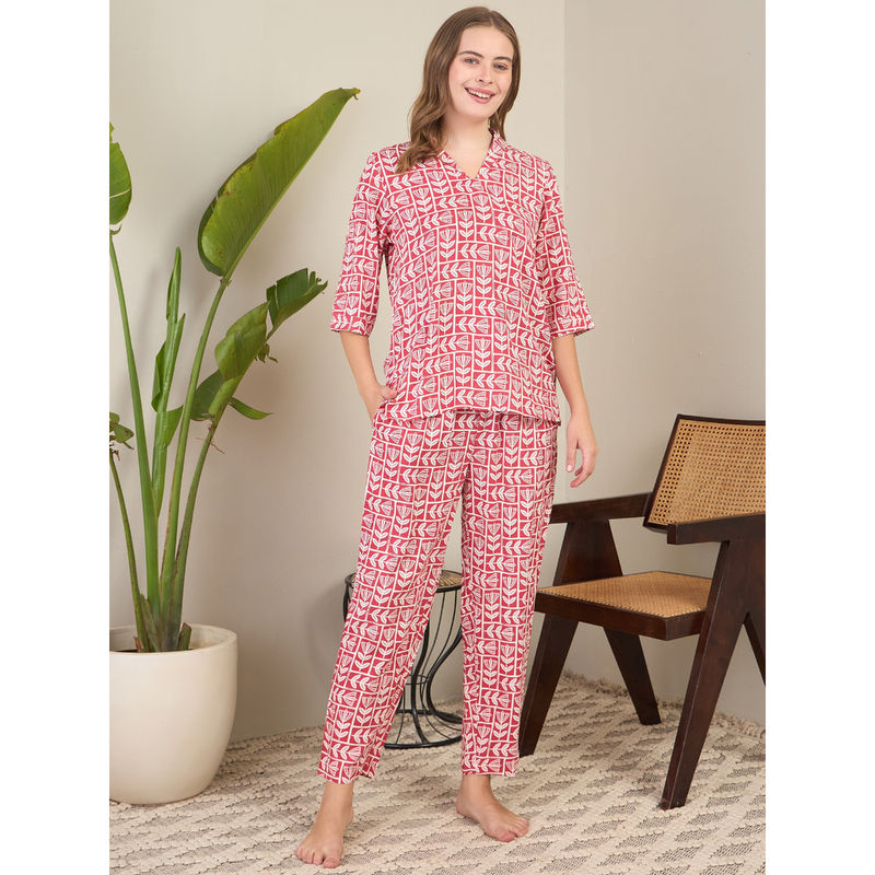 July Nightwear Red Rayon Short Kurti with Pyjama (Set of 2) (S)