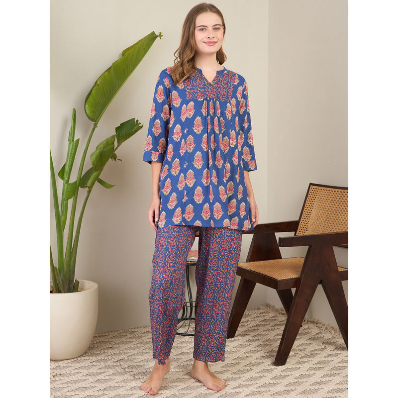 July Nightwear Blue Rayon Long Kurti with Pyjama (Set of 2) (S)