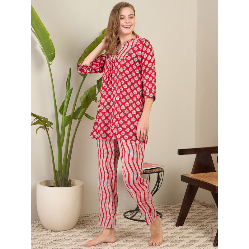 July Nightwear Red Rayon Short Kurti with Pyjama (Set of 2) (S)