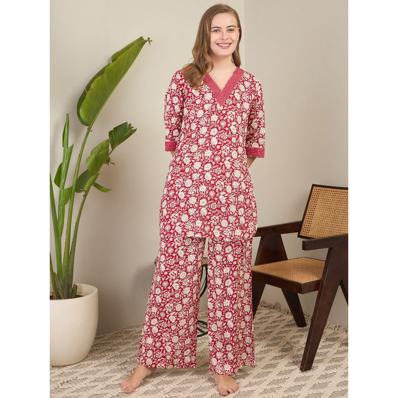 July Nightwear Red Rayon Short Kurti with Pyjama (Set of 2) (S)