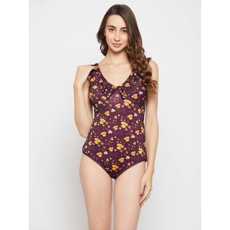 Clovia Padded Floral Print Monokini In Plum Colour (L)