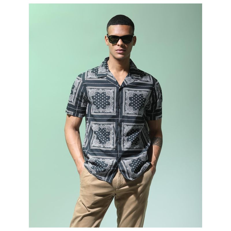 Flying Machine Black Motif Print Cotton Modal Shirt (42)