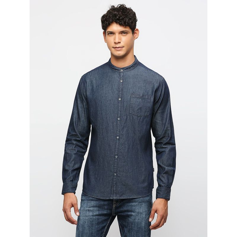 Pepe Jeans Blue Solid Slim Fit Denim Shirt (S)