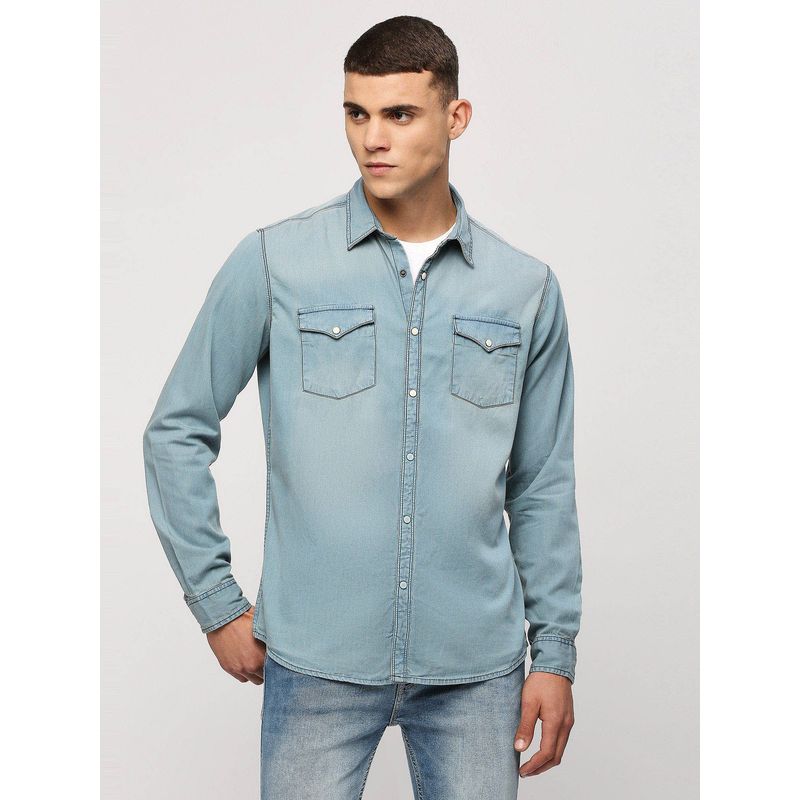 Pepe Jeans Blue Solid Long Sleeve Slim Fit Shirt (XL)