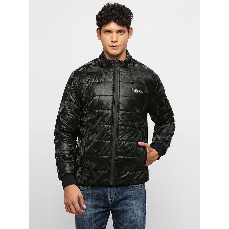 Pepe Jeans Black Camo Printed Puffer Kamachi Fit Jacket (XL)