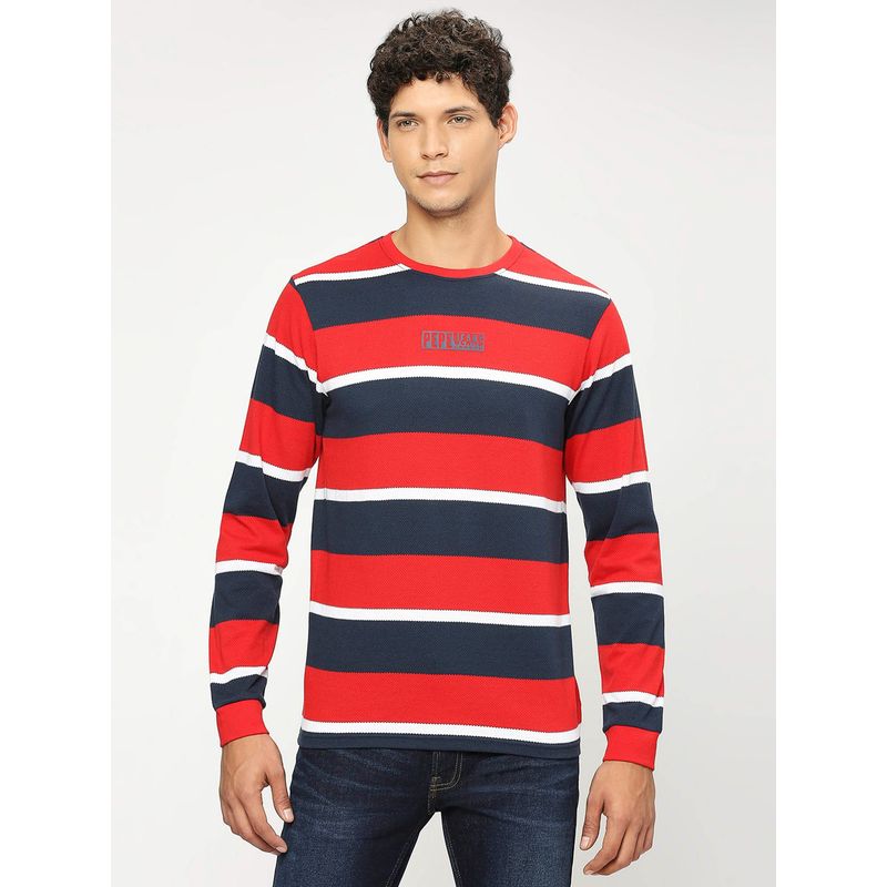 Pepe Jeans Red Striped Full Sleeves T-Shirt (M)