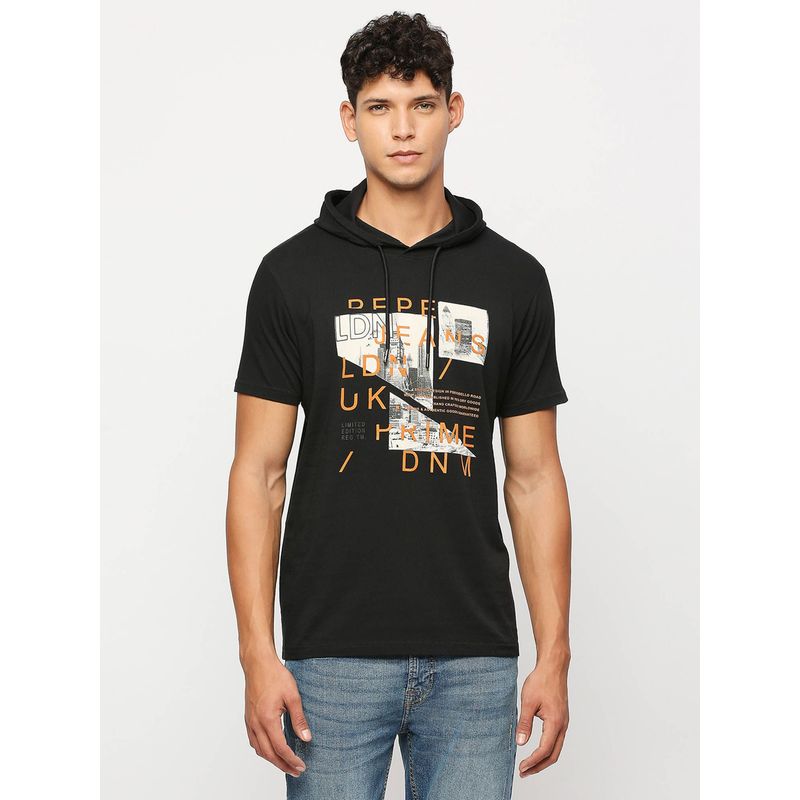 Pepe Jeans Black Typography Printed Hooded T-Shirt (L)