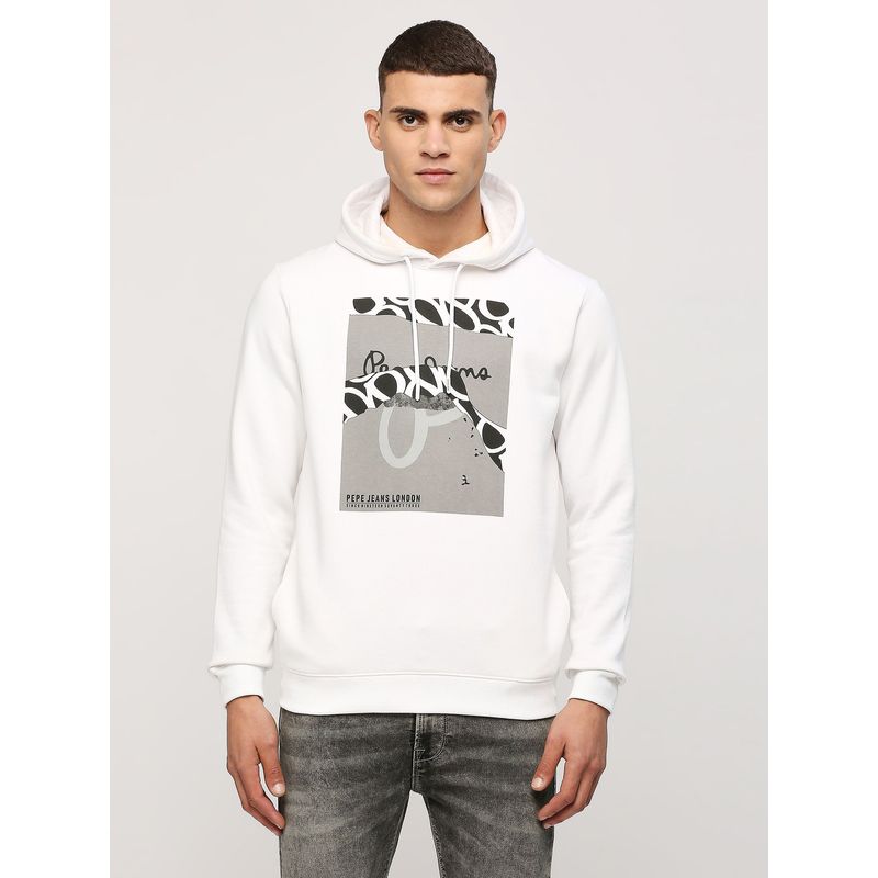 Pepe Jeans White Typography Printed Hooded Sweatshirt (M)