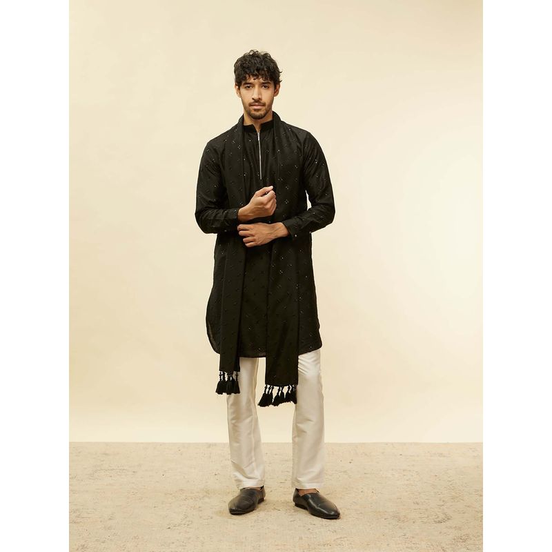 Twamev Black Blended Viscose Embroidered Kurta and Pyjama with Dupatta (Set of 3) (M)