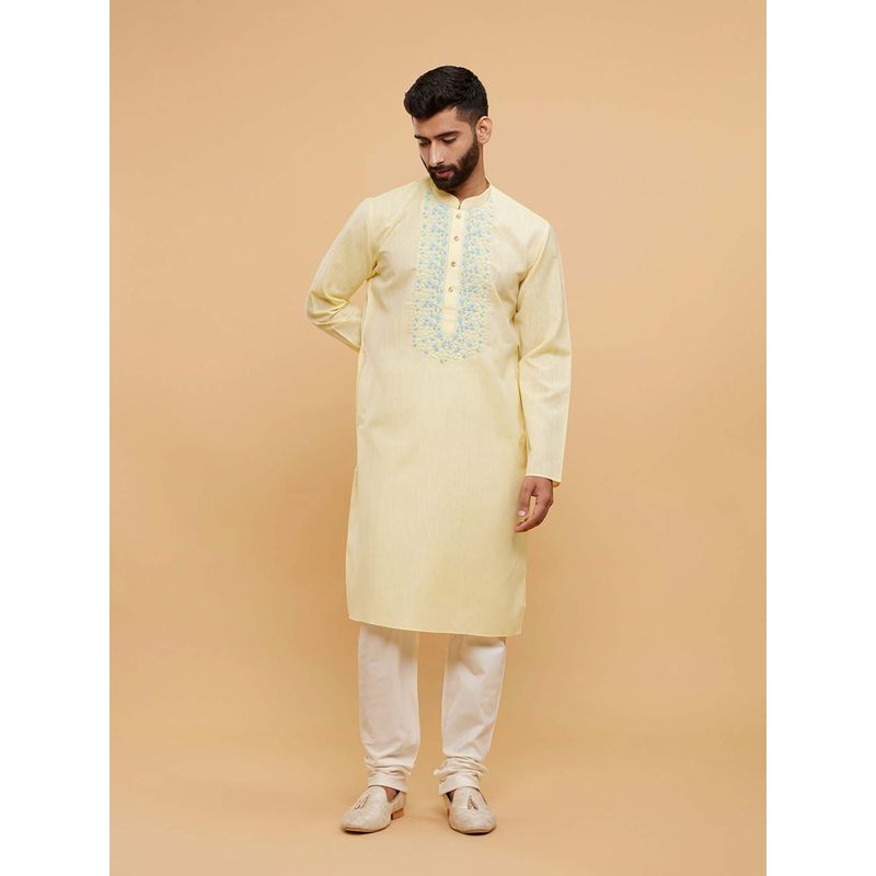 Twamev Yellow Blended Cotton Embellished Kurta and Churidar (Set of 2) (M)