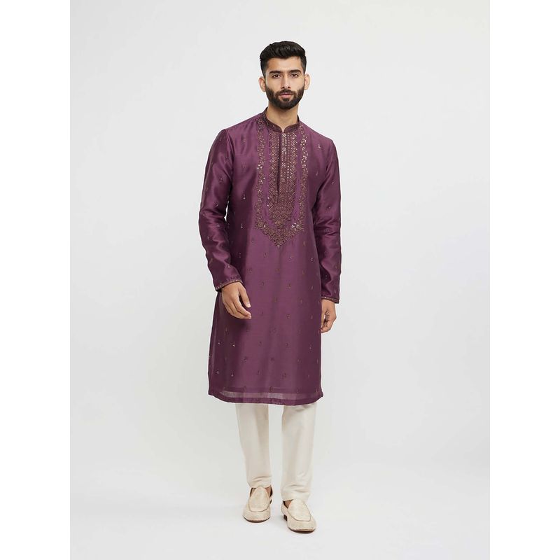 Twamev Purple Art Silk Thread Embroidery Kurta and Pyjama (Set of 2) (XL)