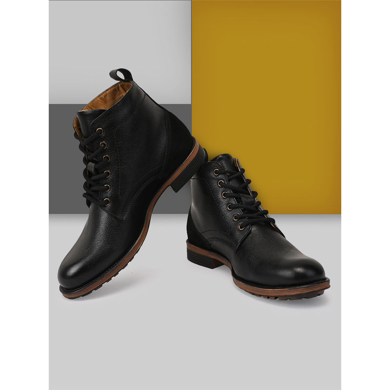 Teakwood Men Black Solid Genuine Leather Mid Top Boots - Euro 40