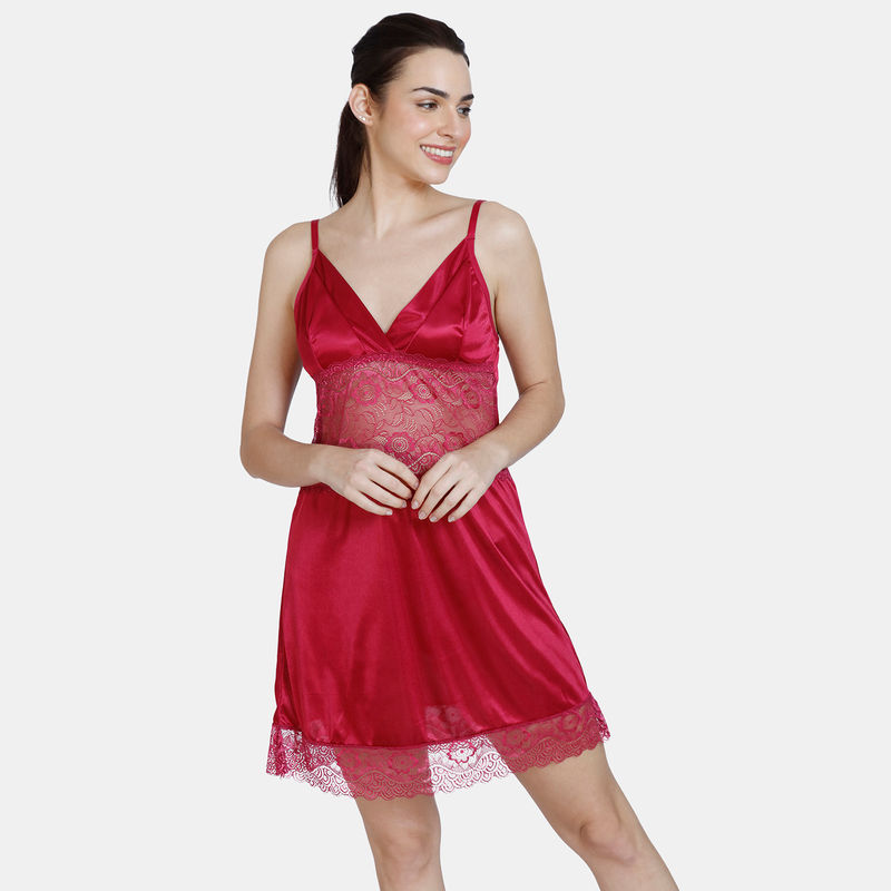 Zivame Satin Baby Doll With Thong - Beet - Red (M)