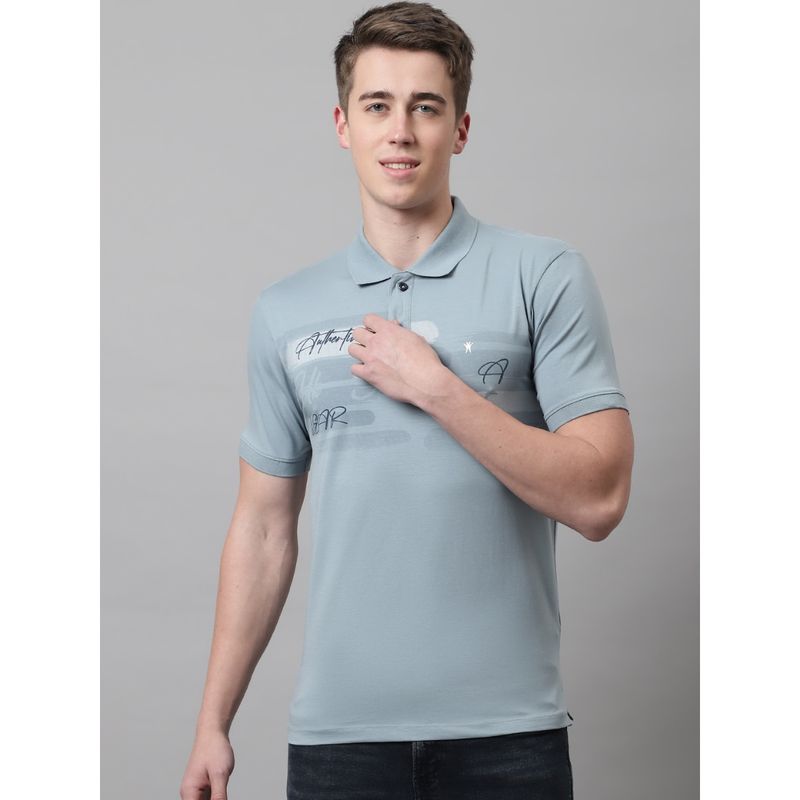 VENITIAN Men Printed Polo Neck Cotton Lycra Grey T-Shirt (L)