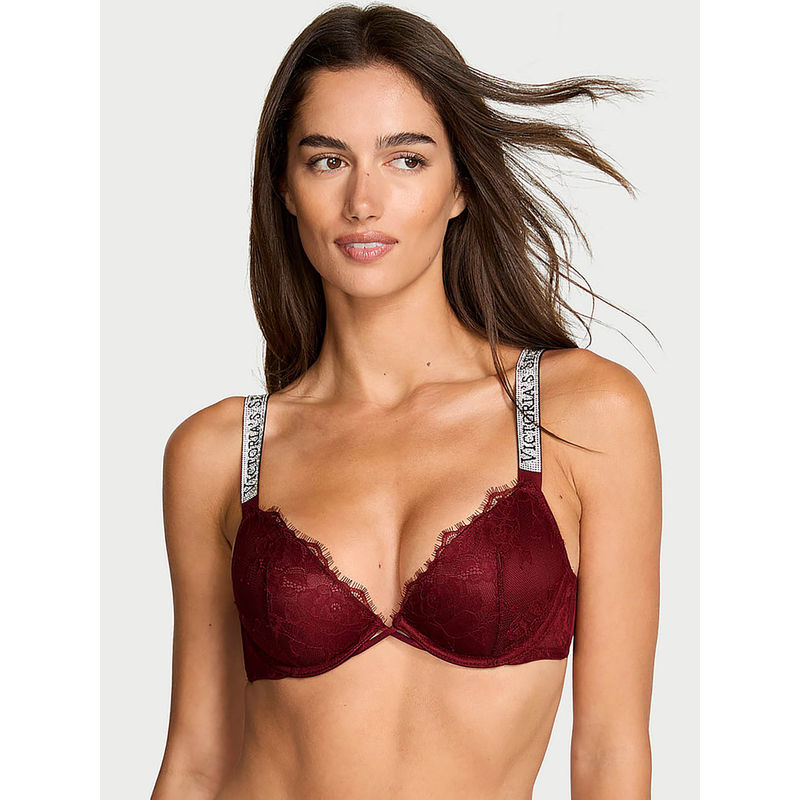 Victoria's Secret Very Sexy Shine Strap Rose Lace Lightly Lined Low-Cut Demi Bra Red (36D)