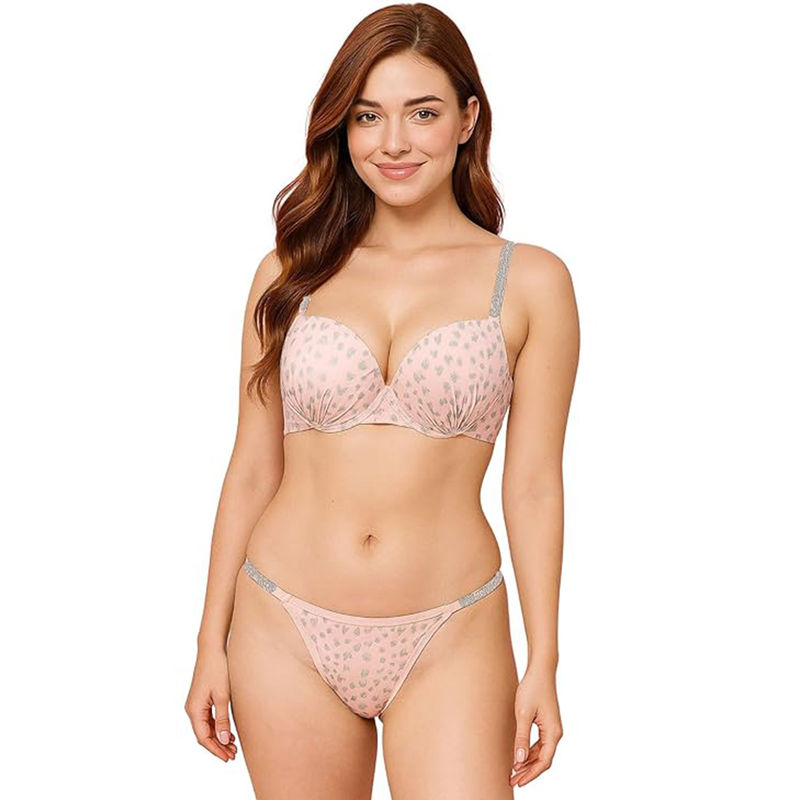 BRACHY Women's Padded Underwired Mini Grey Heart Print Push-Up Uplifting Pink Bra with Panty (34C)