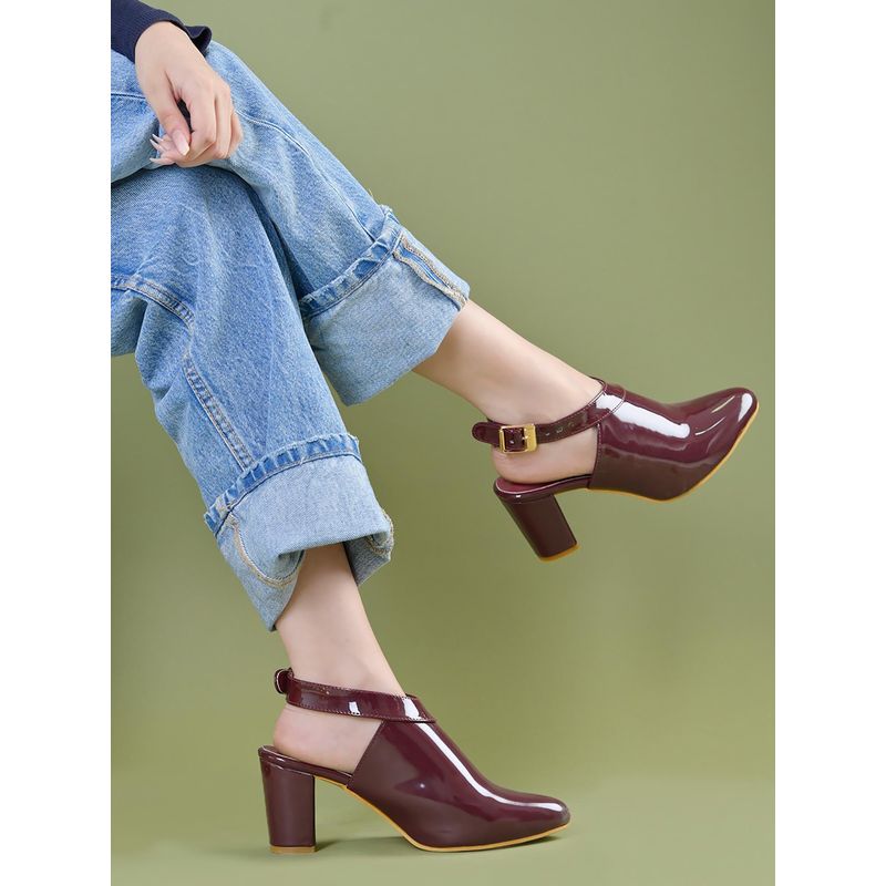 Shoetopia Burgundy Block Sandal Heels For Women (EURO 38)