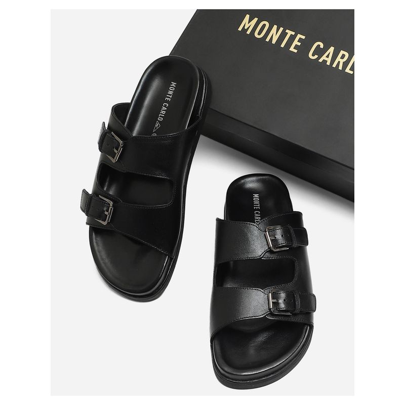 Monte Carlo Mens Black Solid Leather Comfort Casual Sandals