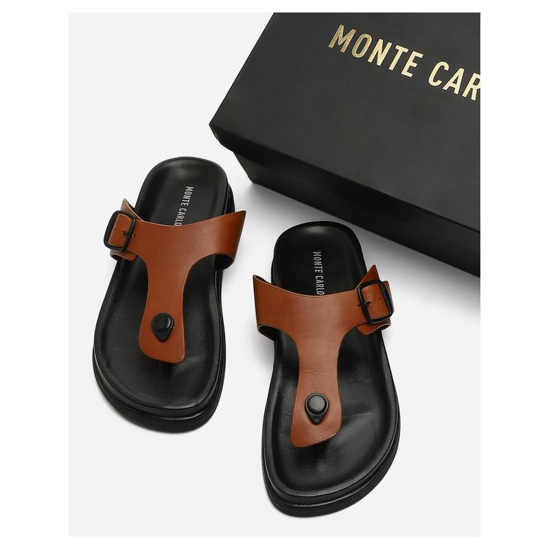 Monte Carlo Mens Tan Solid Leather Comfort Casual Sandals