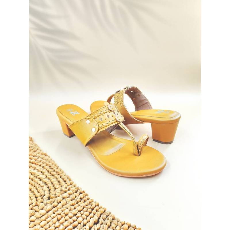 The Madras Trunk Women Two Inch Block Heels Kolhapuris In Yellow (EU 36)