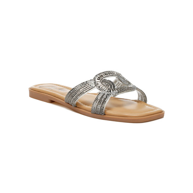 London Rag Rhinestones Embellished Flat Sandals - Black (UK 4)