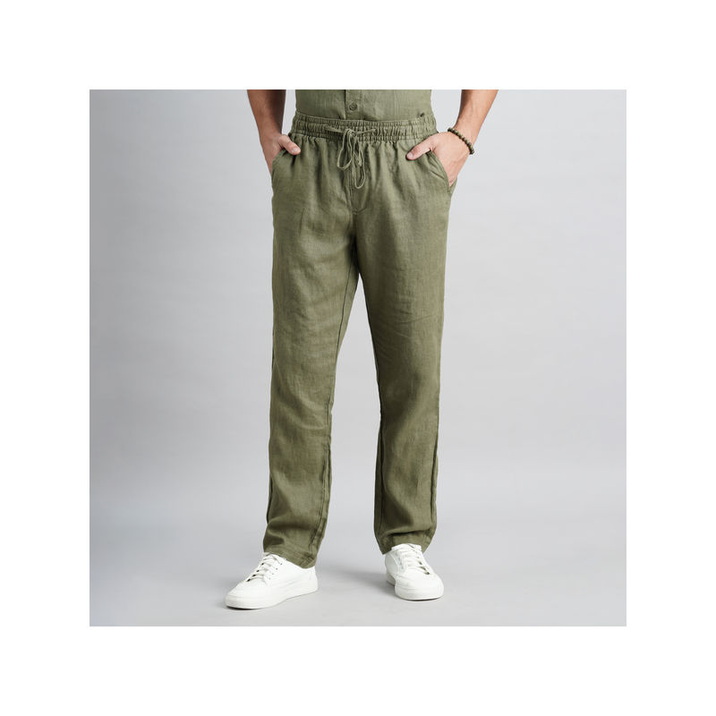 ROOKIES Olive Men Pure Linen Slim Fit Trackpant (36)