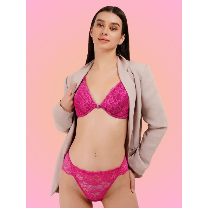 Curwish Lacy Wonder Pink Lace Front Closure Bra with Panty (Set of 2) (30C/S)