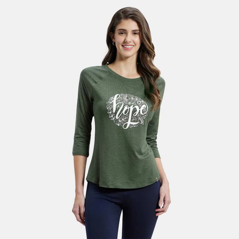 Jockey AW46 Women Micro Modal Cotton Printed 3/4th Sleeve T-Shirt - Beetle Melange (S)