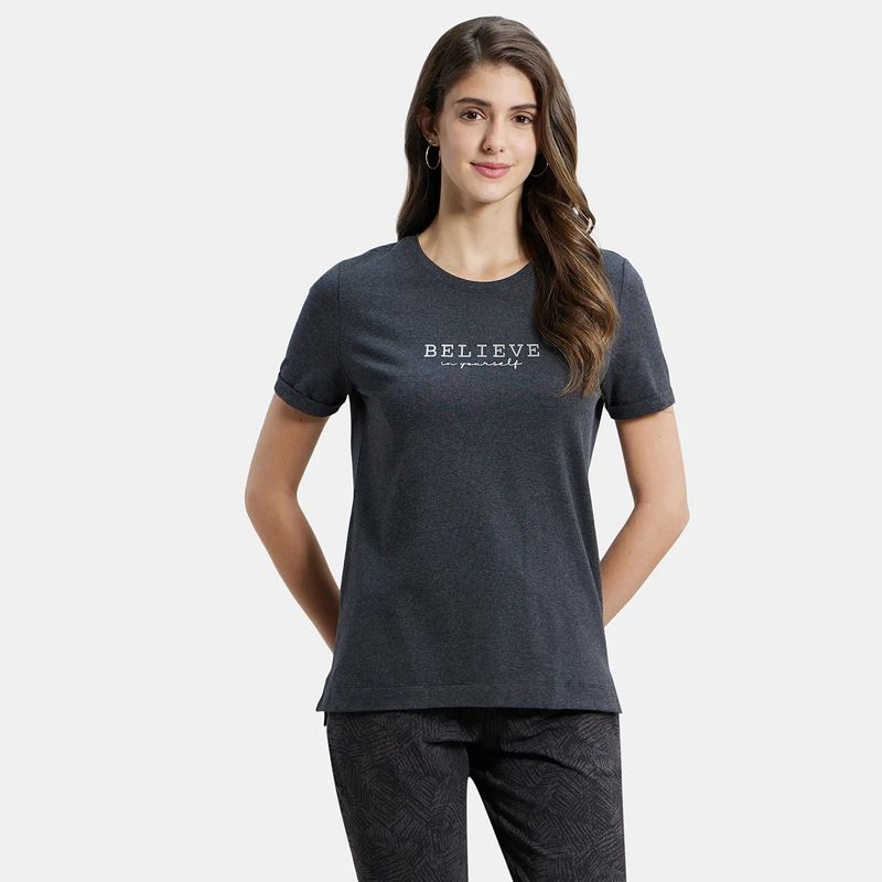 Jockey A124 Women Cotton Rich Elastane Printed Round Neck T-Shirt - Black Melange (L)