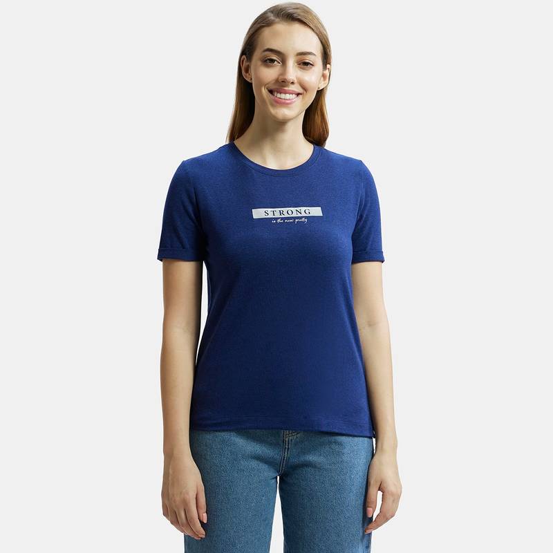 Jockey A124 Women Cotton Rich Elastane Printed Round Neck T-Shirt - Imperial Blue Mel (L)