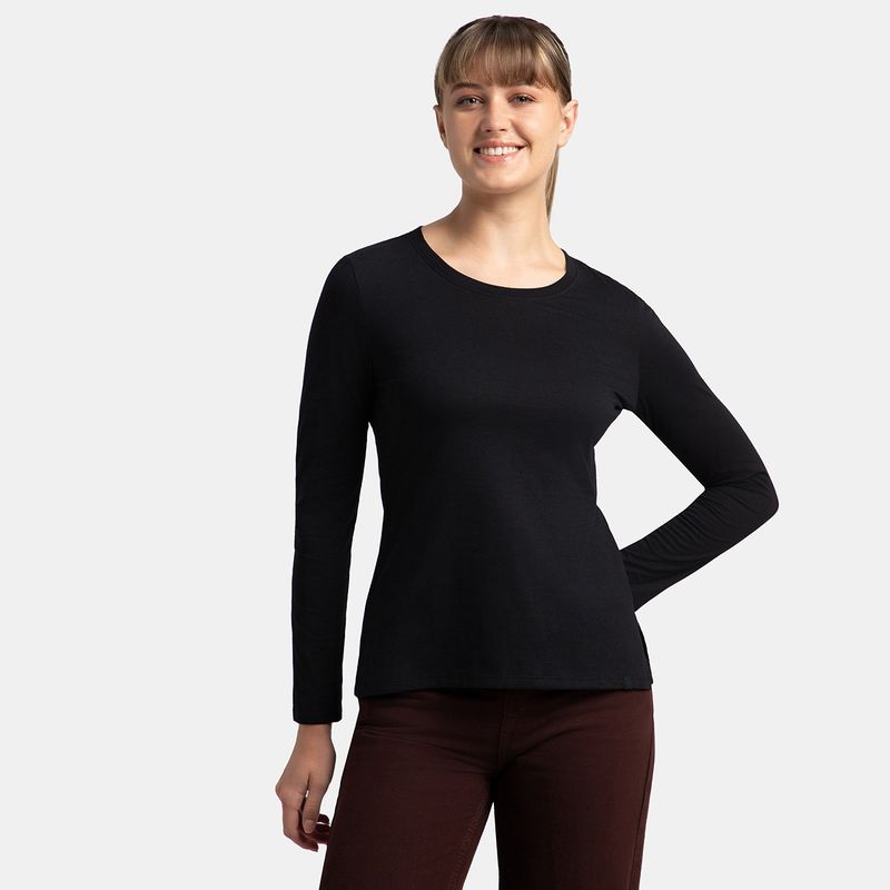 Jockey A140 Women Cotton Rich Solid Round Neck Full Sleeve T-Shirt - Black (M)