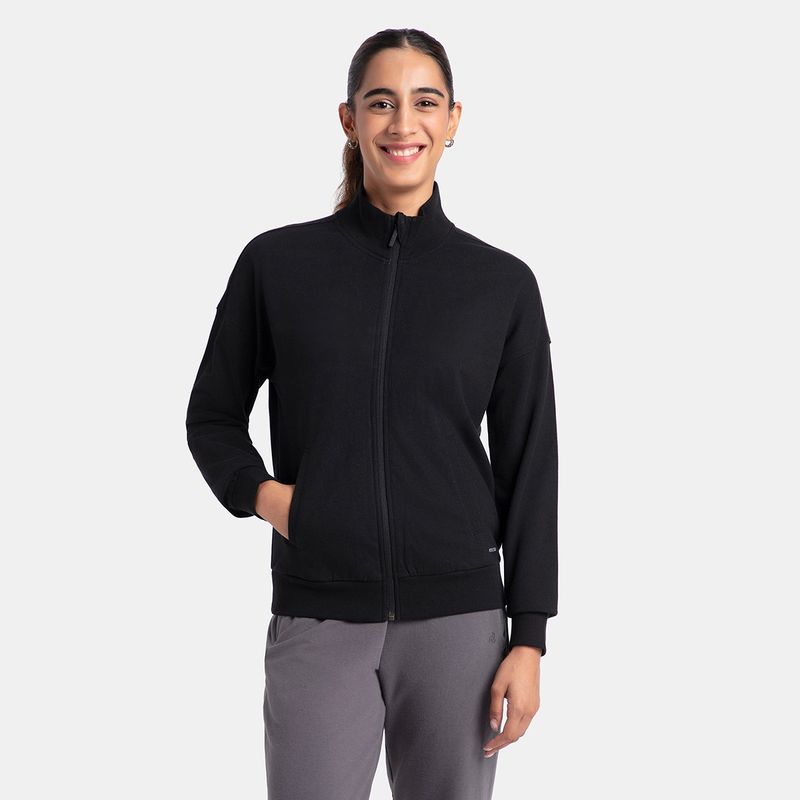 Jockey A111 Women Cotton French Terry Drop Shoulder Jacket - Black (M)