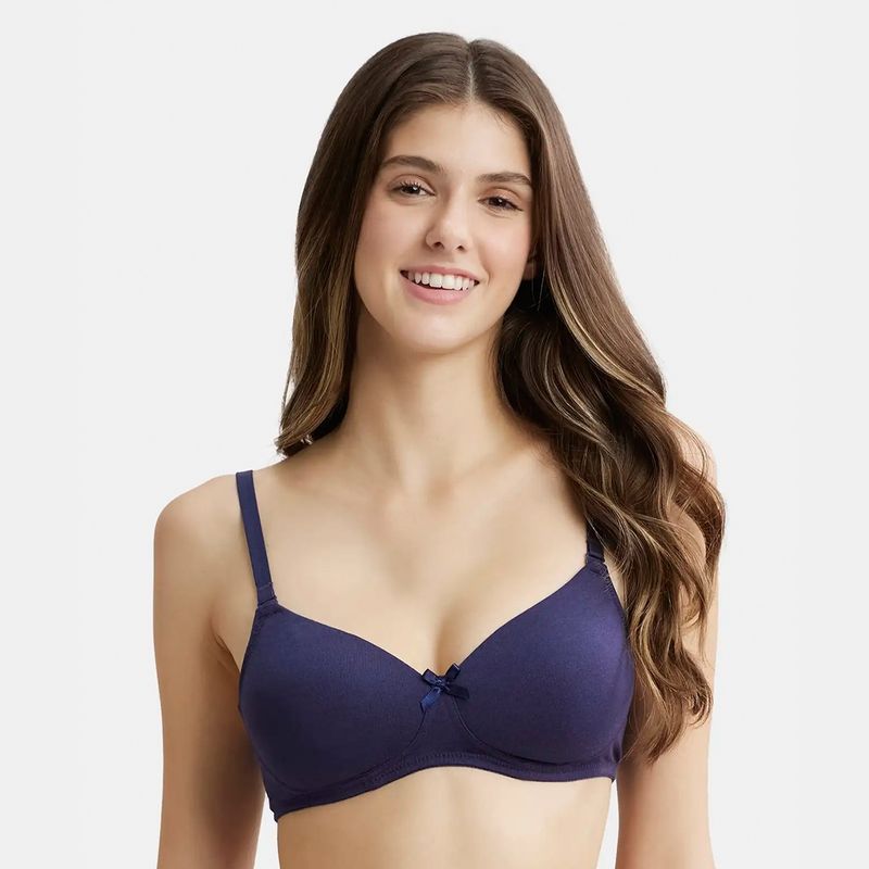 Jockey FE23 Wirefree Padded Cotton Elastane Medium Coverage T-Shirt Bra-Classic Navy (30B)