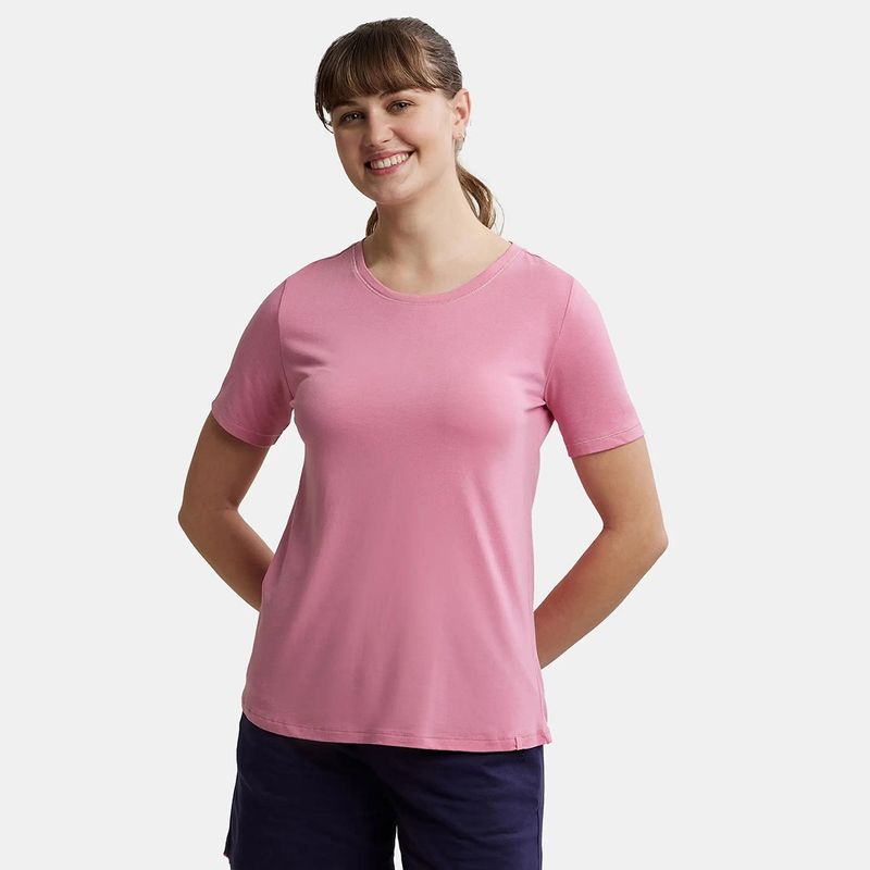 Jockey RX71 Women Micro Modal Cotton Relaxed Fit Round Neck T-Shirt - Wild Rose (S)
