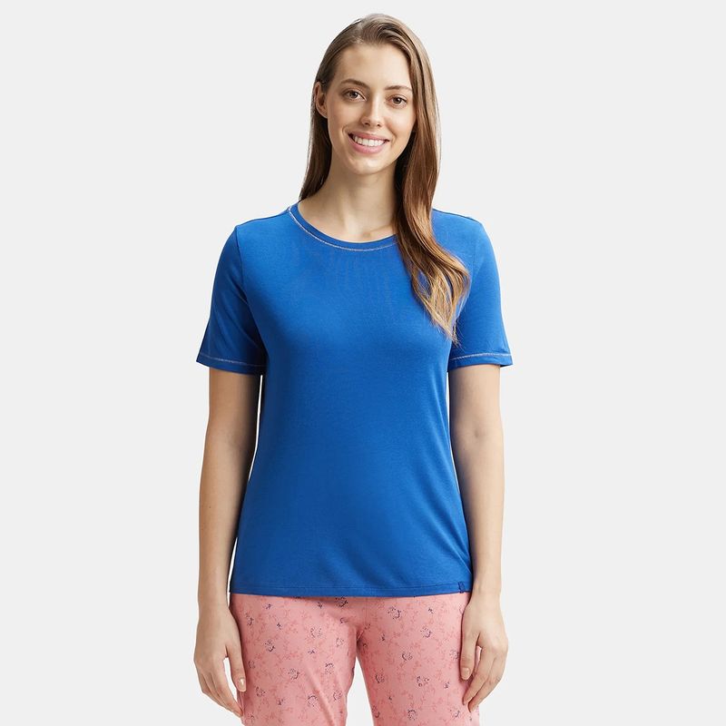 Jockey RX71 Women Micro Modal Cotton Relaxed Fit Round Neck T-Shirt - Blue Quartz (L)