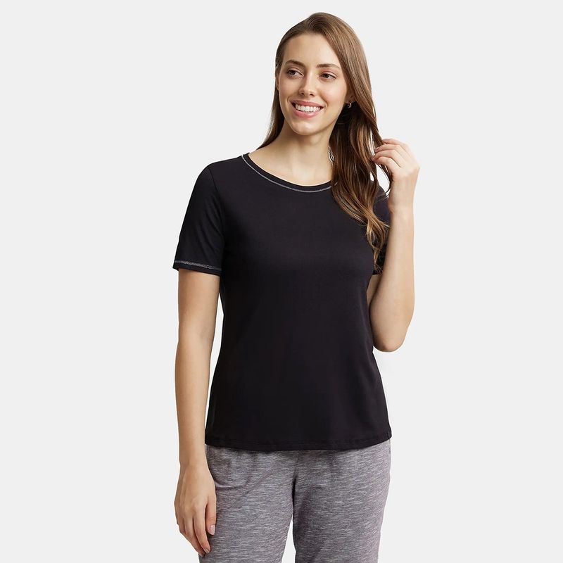 Jockey RX71 Women Micro Modal Cotton Relaxed Fit Round Neck T-Shirt - Black (L)