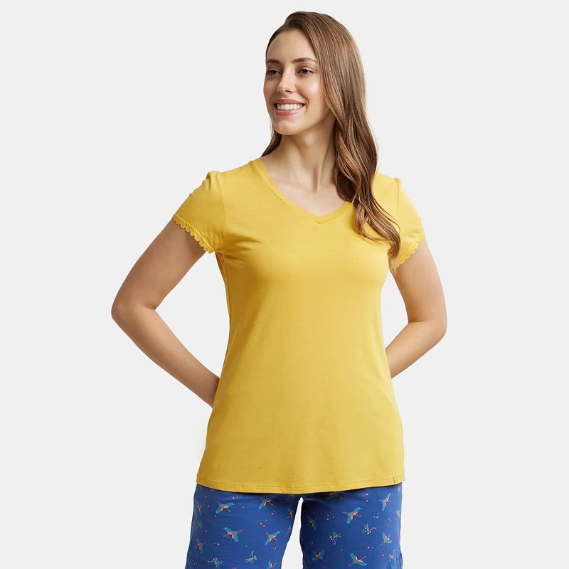 Jockey RX12 Women Micro Modal Cotton Relaxed Fit Solid V Neck T-Shirt - Yolk Yellow (S)