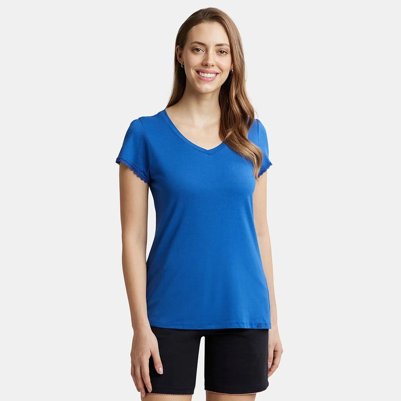 Jockey RX12 Women Micro Modal Cotton Relaxed Fit Solid V Neck T-Shirt - Blue Quartz (XL)