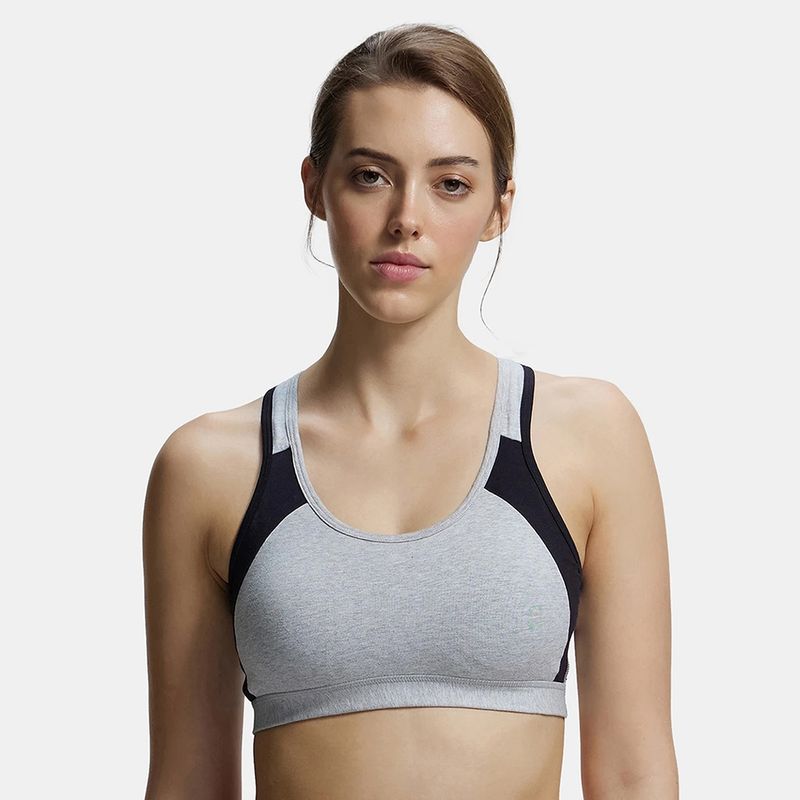 Jockey 1380 Wirefree Padded Cotton Elastane Active Bra - Steel Grey & Black (L)
