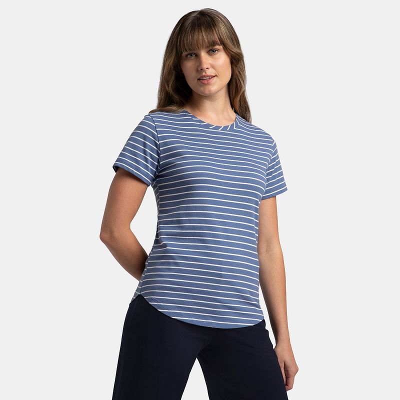 Jockey A121 Women Super Combed Cotton Striped Round Neck T-Shirt - Topaz Blue (S)