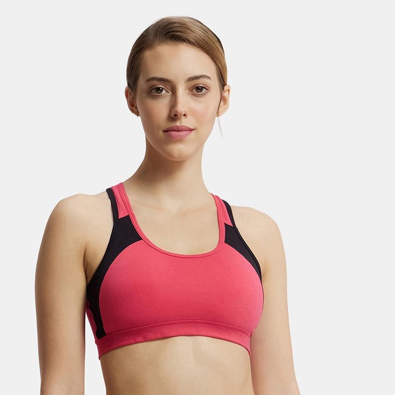 Jockey 1380 Wirefree Padded Cotton Elastane Active Bra - Ruby & Black (XL)
