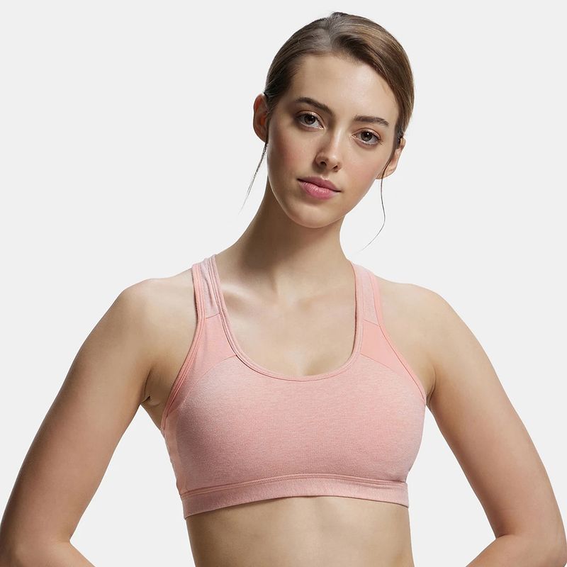 Jockey 1380 Wirefree Padded Cotton Elastane Active Bra-Desert Flower Melange & Coral (M)