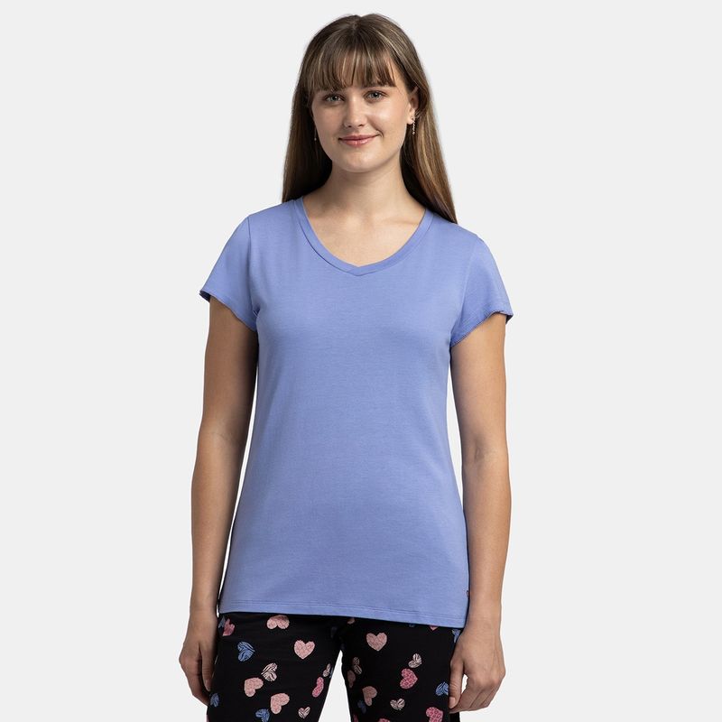 Jockey RX12 Women Micro Modal Cotton Relaxed Fit Solid V Neck T-Shirt - Iris Blue (M)