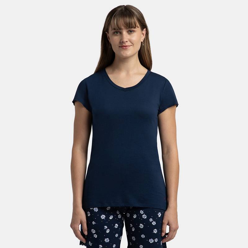 Jockey RX12 Women Micro Modal Cotton Relaxed Fit Solid V Neck T-Shirt-Classic Navy (M)