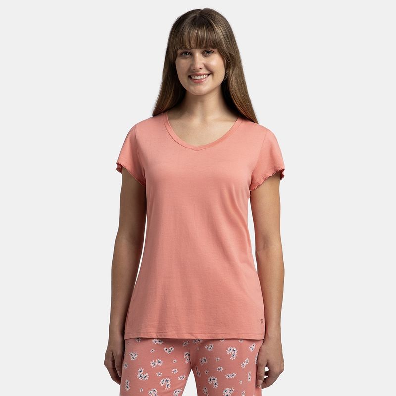 Jockey RX12 Women Micro Modal Cotton Relaxed Fit Solid V Neck T-Shirt - Peach Blossom (M)