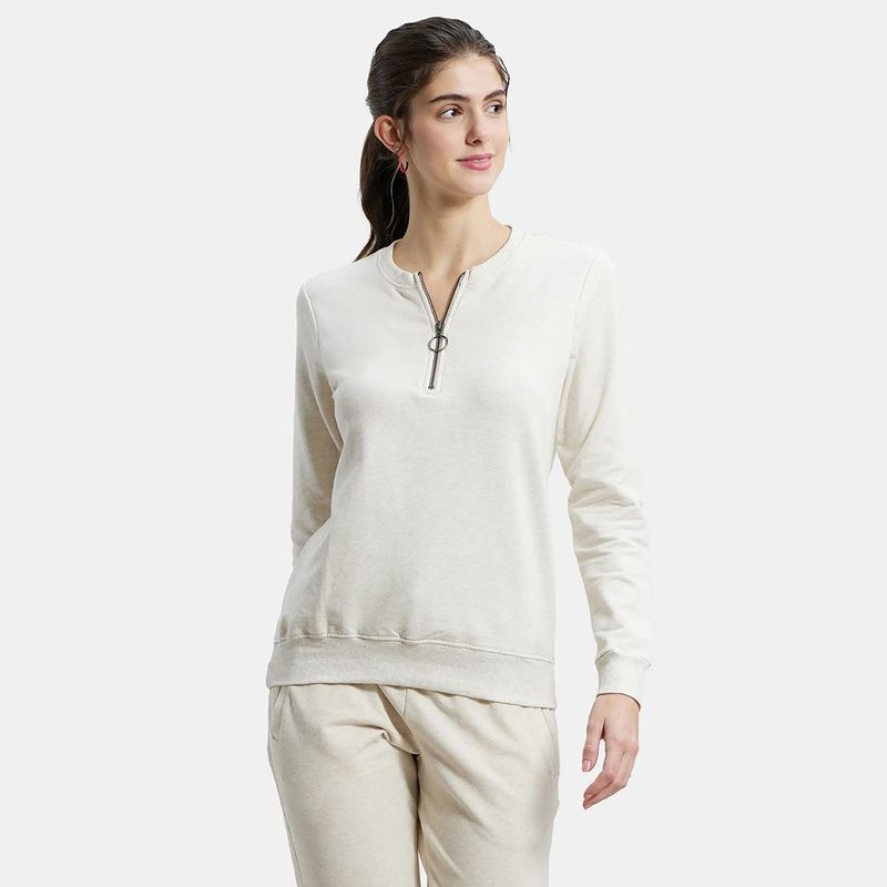 Jockey UL11 Women Super Combed Cotton Elastane Melange Sweatshirt - Cream Melange (XL)