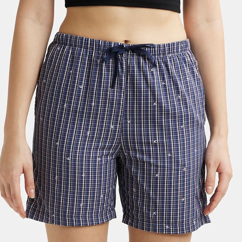Jockey RX15 Women Super Combed Cotton Striped Shorts - Classic Navy Assorted Checks (L)