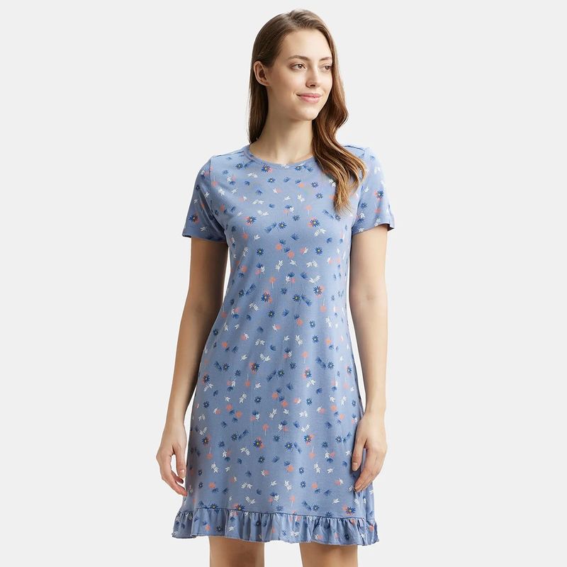Jockey RX25 Women Micro Modal Cotton Printed Sleep Dress - Infinity Blue Assorted (M)
