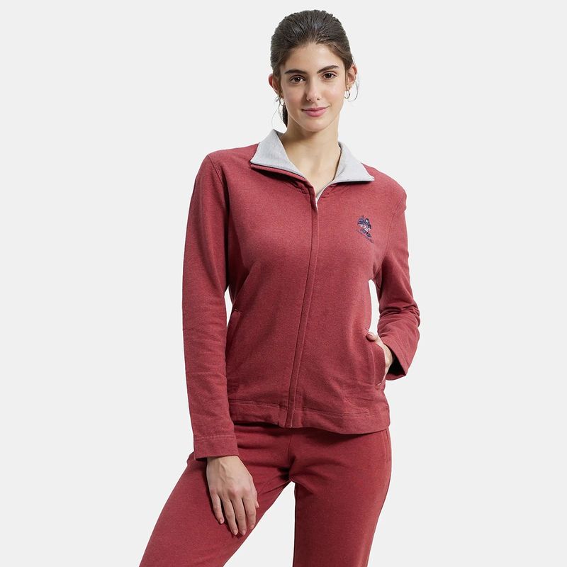 Jockey UL08 Women Super Combed Cotton Elastane High Neck Jacket - Rust Red Melange (L)