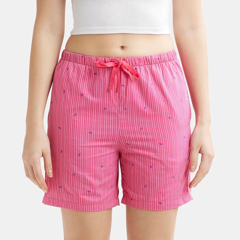 Jockey RX15 Women Super Combed Cotton Striped Shorts - Ruby Assorted Checks (L)
